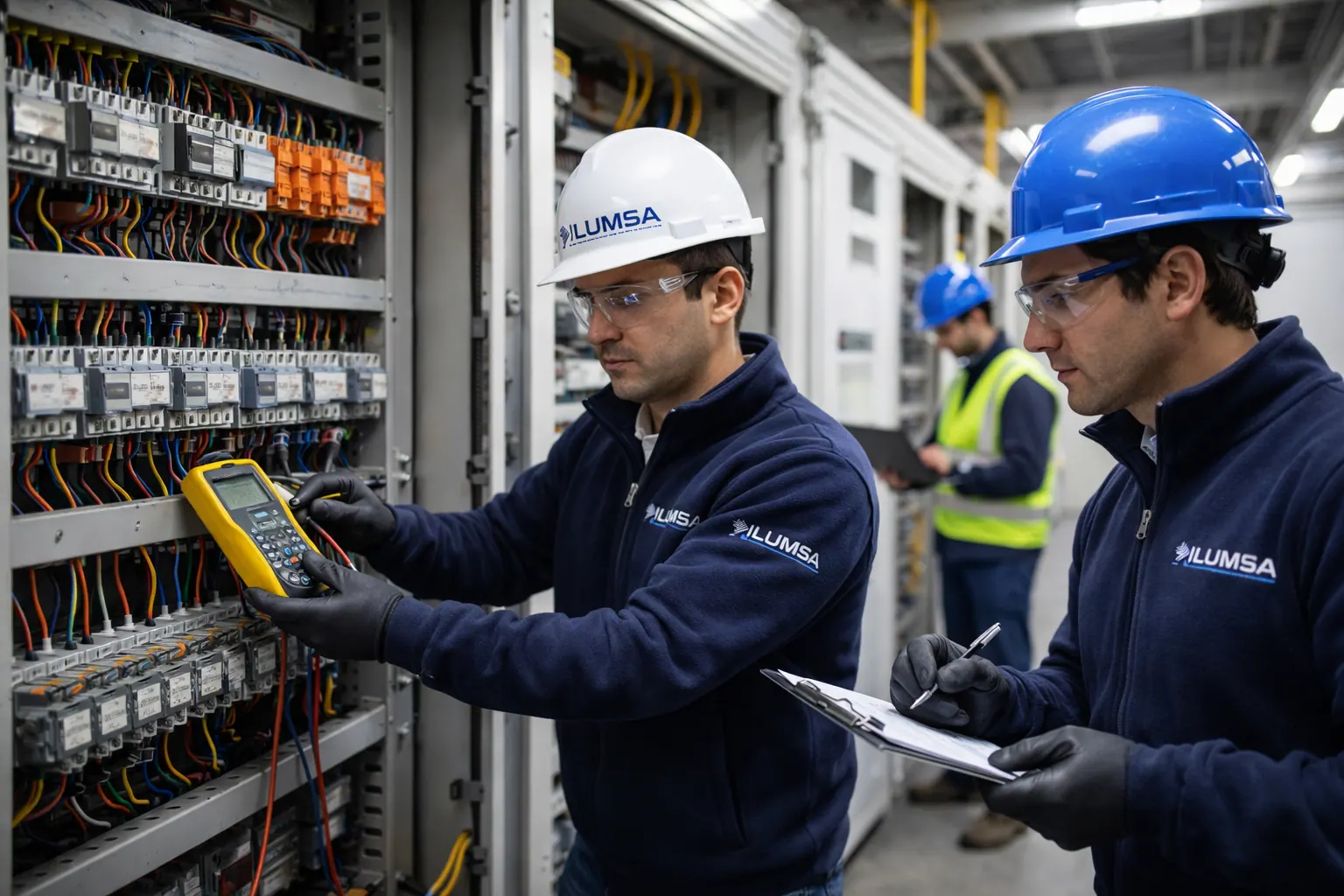 Técnicos ILUMSA trabajando en un tablero eléctrico